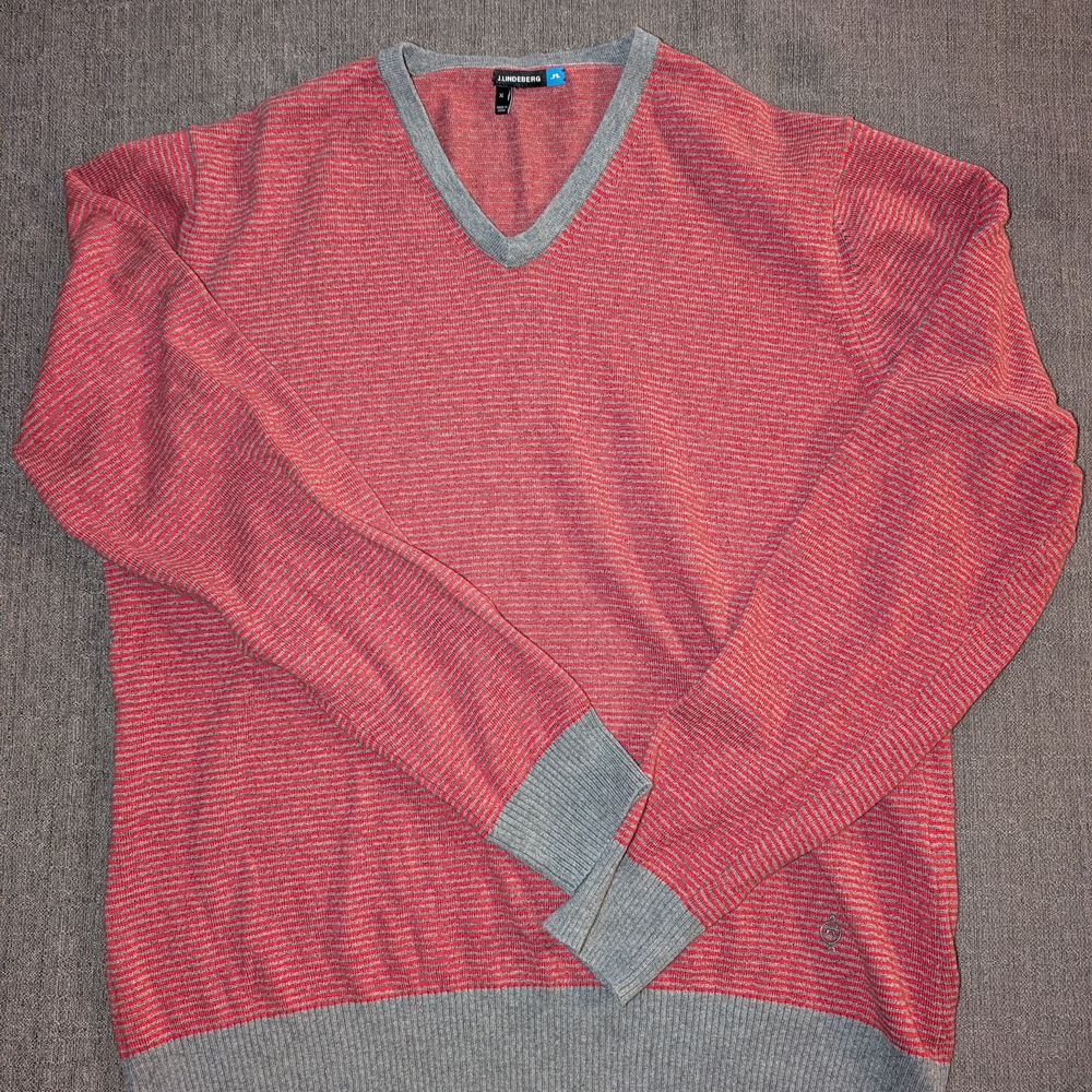 J.Lindeberg Striped Red and Gray V-Neck Sweater